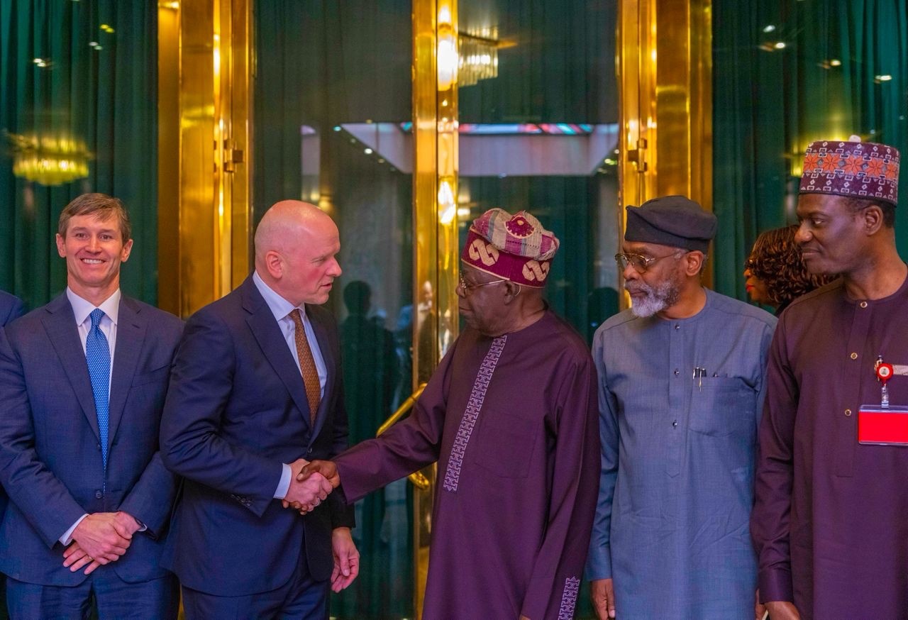 L-R: Mastercard Chief Government Affairs and Policy Officer, Tucker Foote, Global Chief Executive Officer, Michael Miebach, His Excellency, President Bola Tinubu, Chief of Staff to the President, Femi Gbajabiamila and Minister for Finance and Coordinating Minister of the Economy, Taiwo Oyedele during the visit of the Mastercard Global Team to President Tinubu at the State House on Tuesday, June 23, 2026.