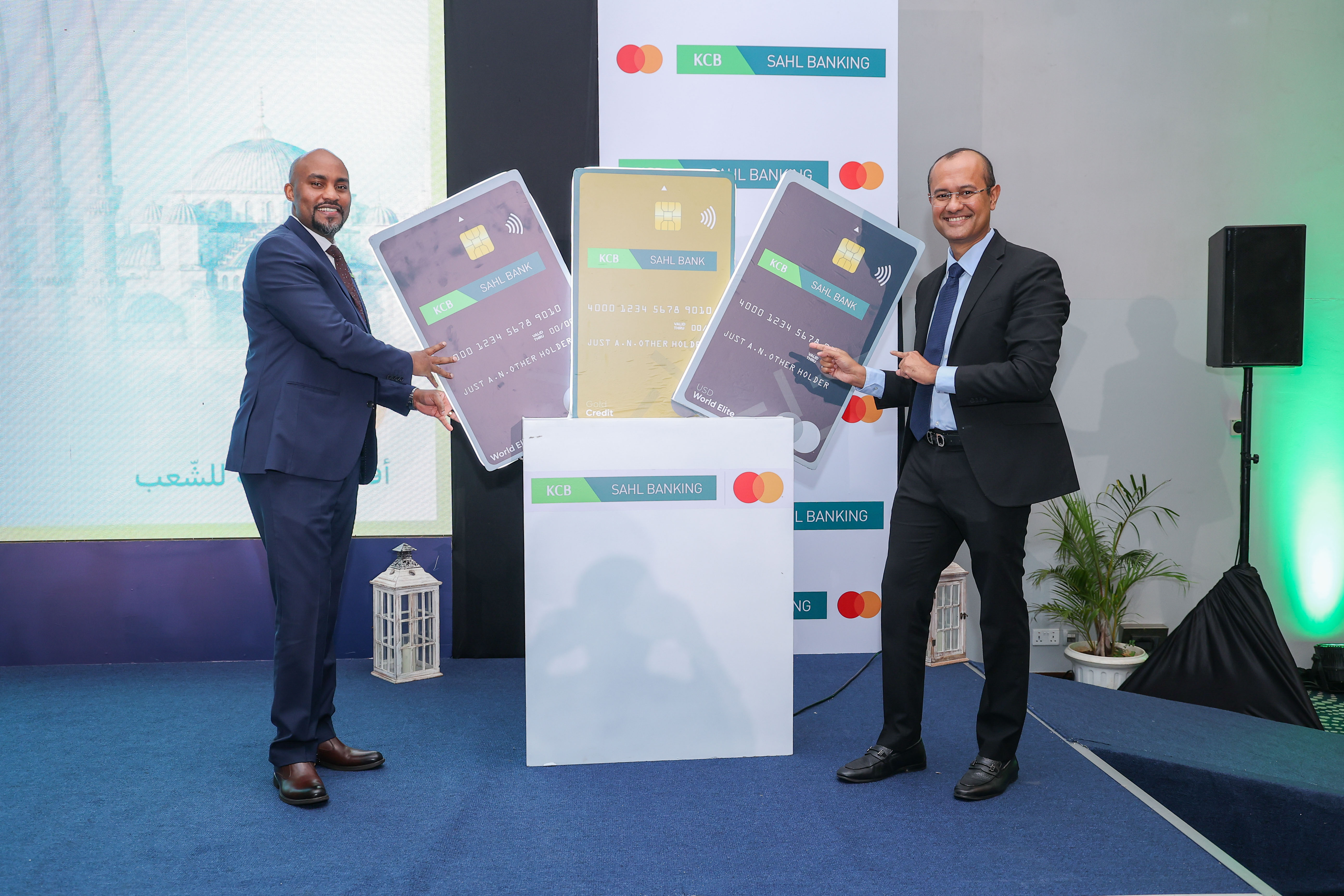 Mark Mwongela, KCB Plc Group Director Strategy and Innovation (left) and Shehryar Ali, senior vice president and country manager for East Africa and Indian Ocean Islands at Mastercard (right), during the launch of the Sahl Card.