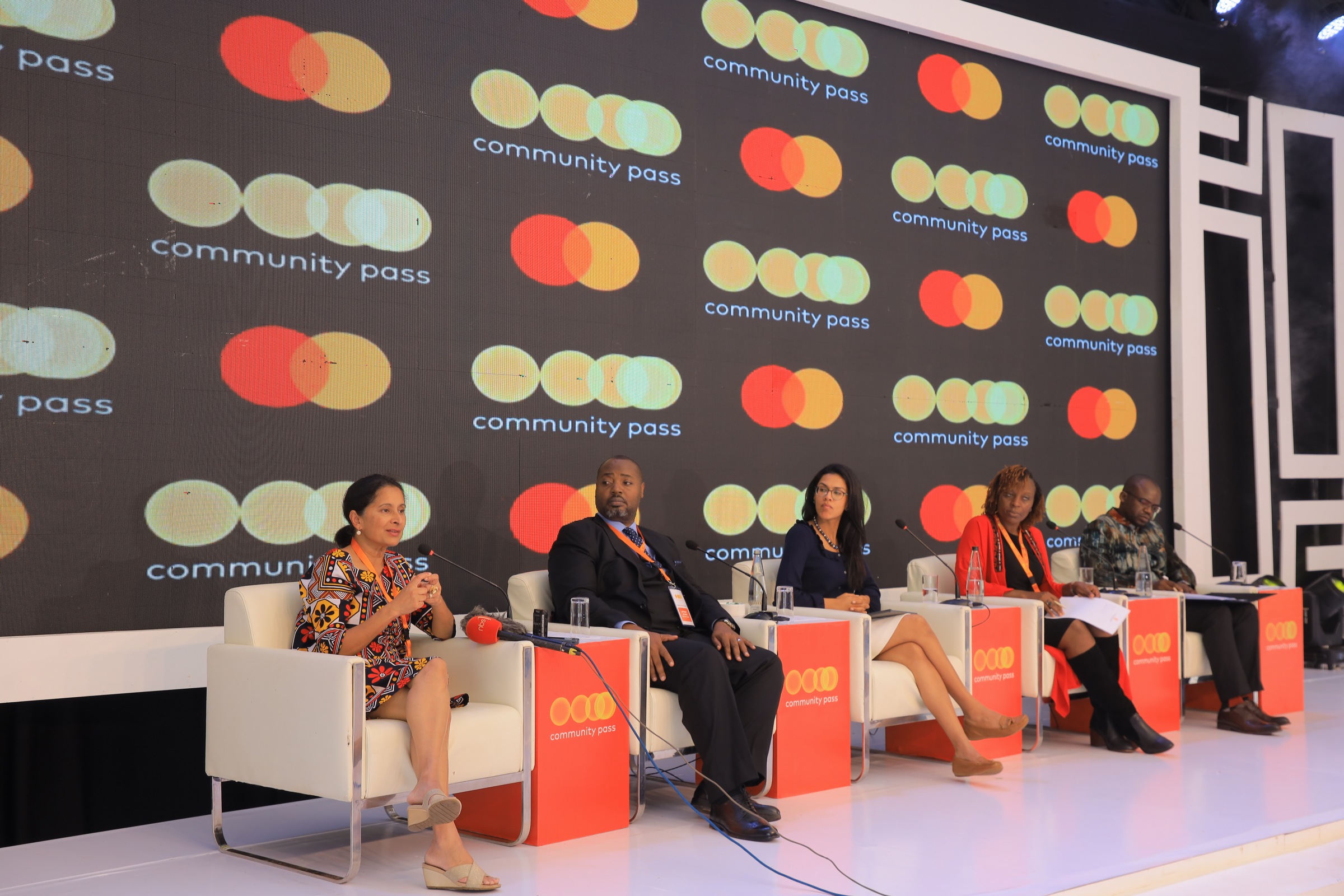 (L-R) Tara Nathan, EVP & Founder of Community Pass at Mastercard, Anthony Kituuka, Managing Director at Equity Bank Uganda Limited, Meera Shah, Head of Smallholder Farmer Portfolio at Shell Foundation, Esther Kariuki, Head of Agricultural Business at Co-operative Bank of Kenya, and Daniel Huba, Vice President, Community Pass Market Development in Sub Saharan Africa at Mastercard speaking at the 2nd Annual Community Pass Customer Summit in Uganda.