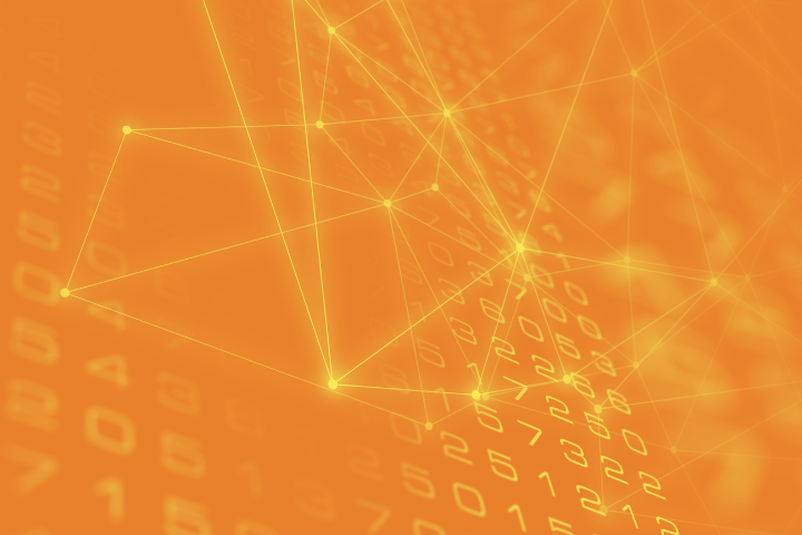 Abstract orange photo with yellow numbers and points of light attached by lines.