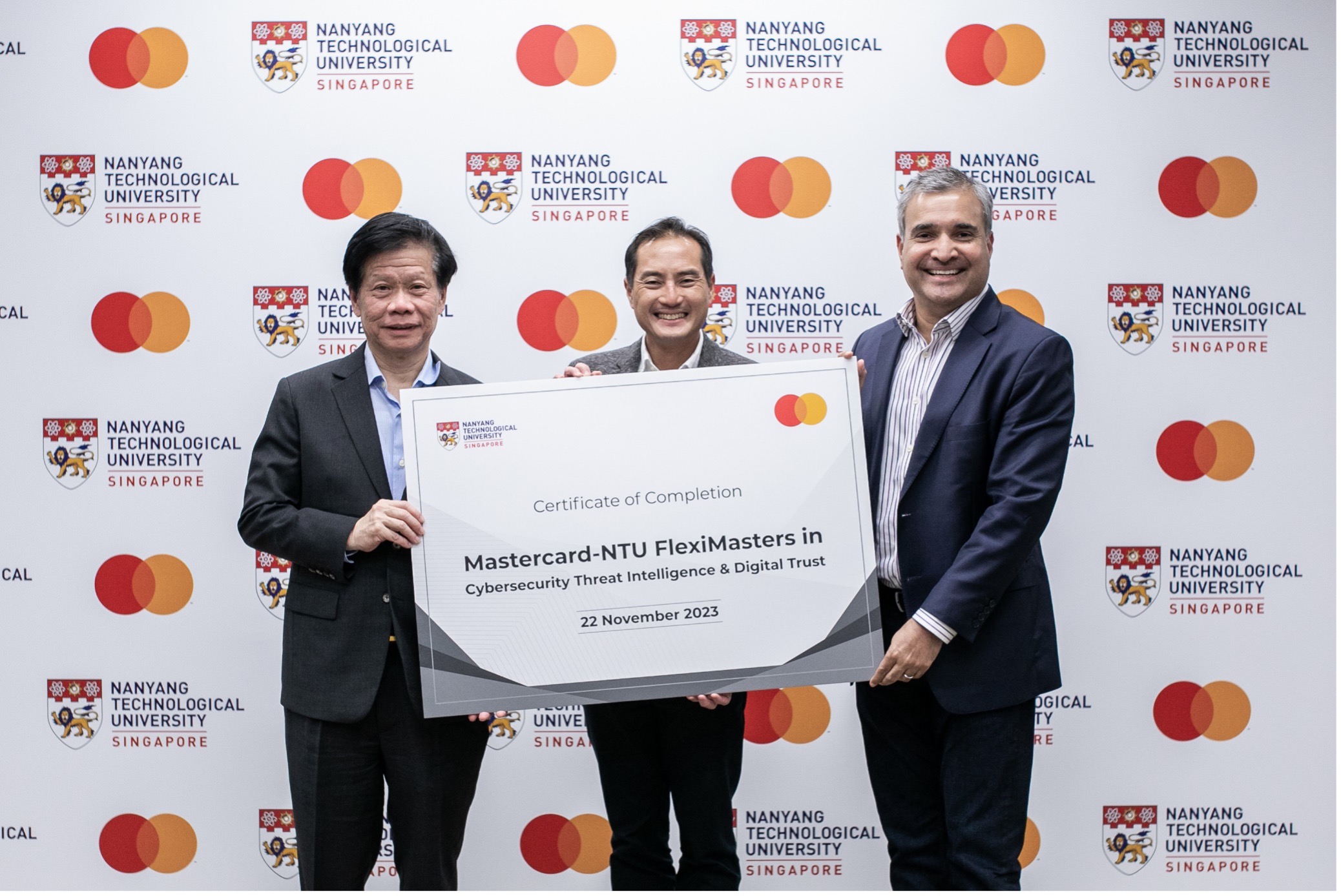 The NTU-Mastercard FlexiMasters program was launched by Senior Minister of State Tan Kiat How, Ministry of Communications and Information (centre), with Professor Lam Khin Yong, Vice President (Industry) of NTU Singapore (left), and Ari Sarker, President, Asia Pacific at Mastercard (right). The program leverages Mastercard’s cybersecurity expertise and NTU’s global reputation for education and learning to train the next generation of cybersecurity talent in the region.