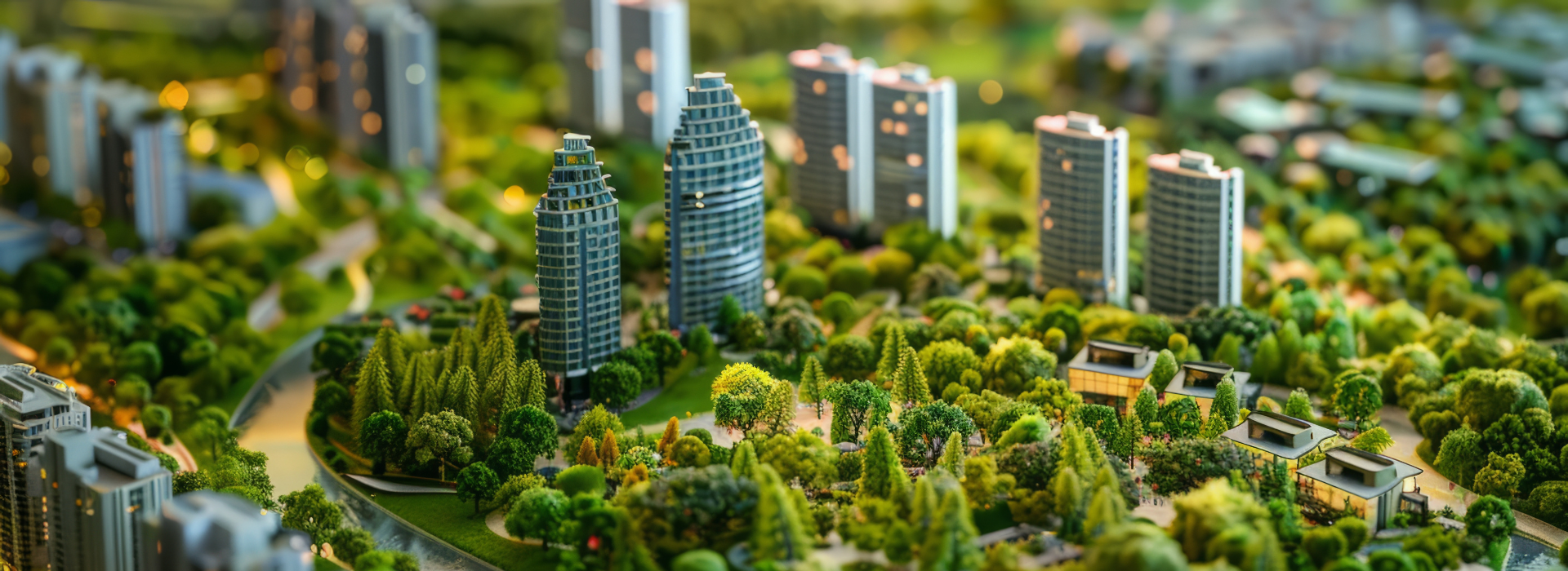 An AI-generated image of a city-building game showing tall buildings in a leafy urban environment.