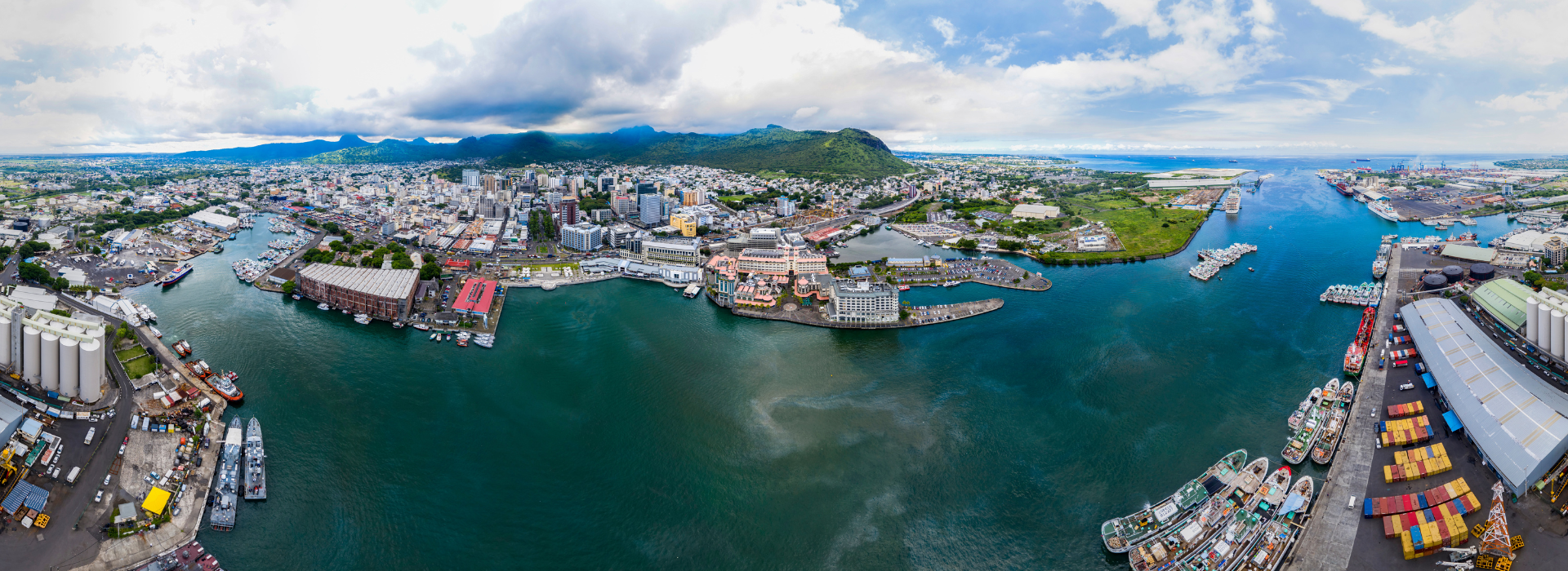 A photo of the port and downtown area of Port Louis in Mauritius.